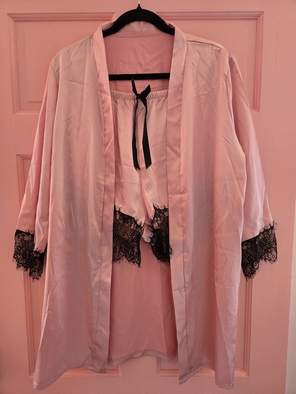 Women's Pink Lace-Trim Satin Robe and Shorts Set